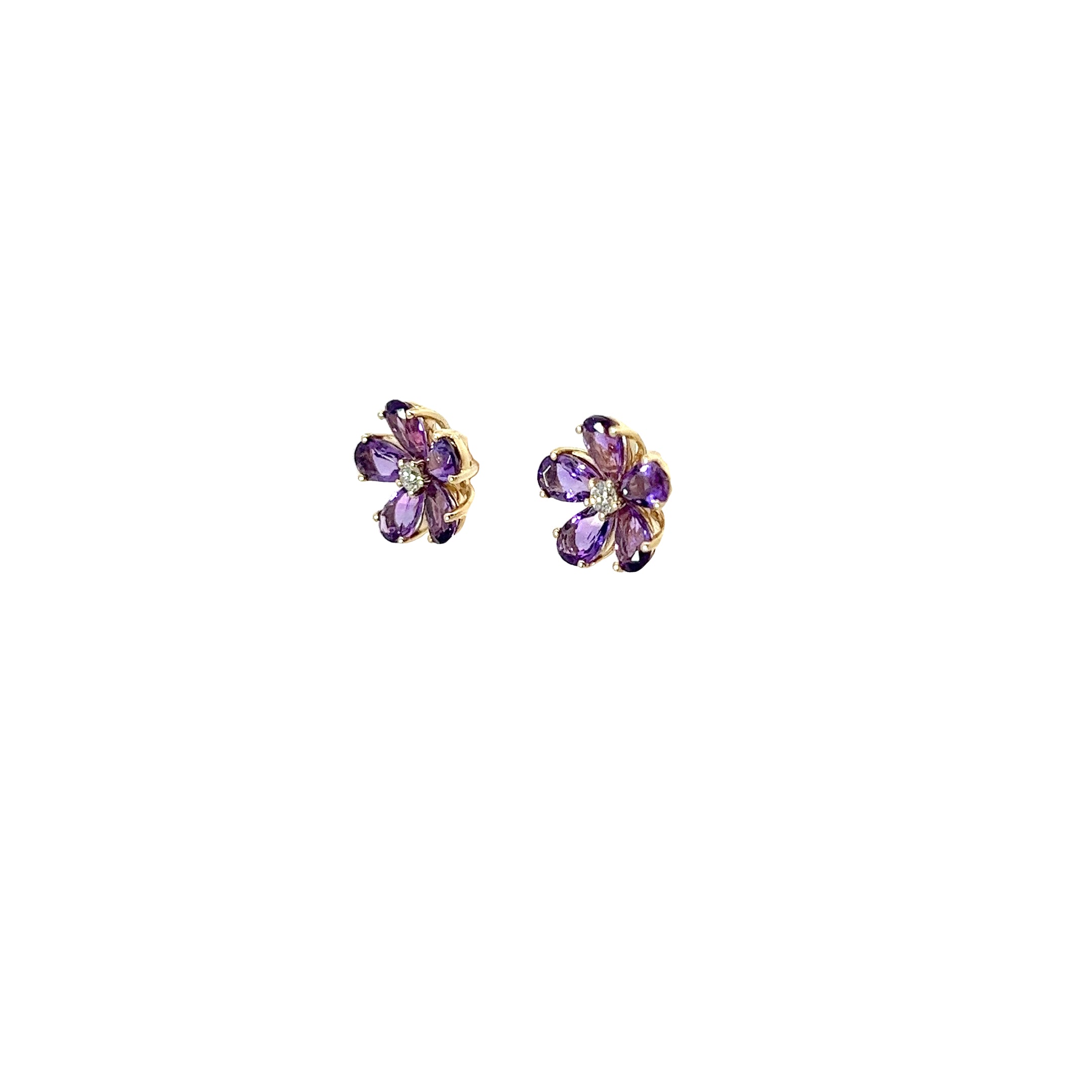 14K YELLOW GOLD  1.61 CT AMETHYST AND .07CT ROUND DIAMOND FLOWER STUD EARRINGS