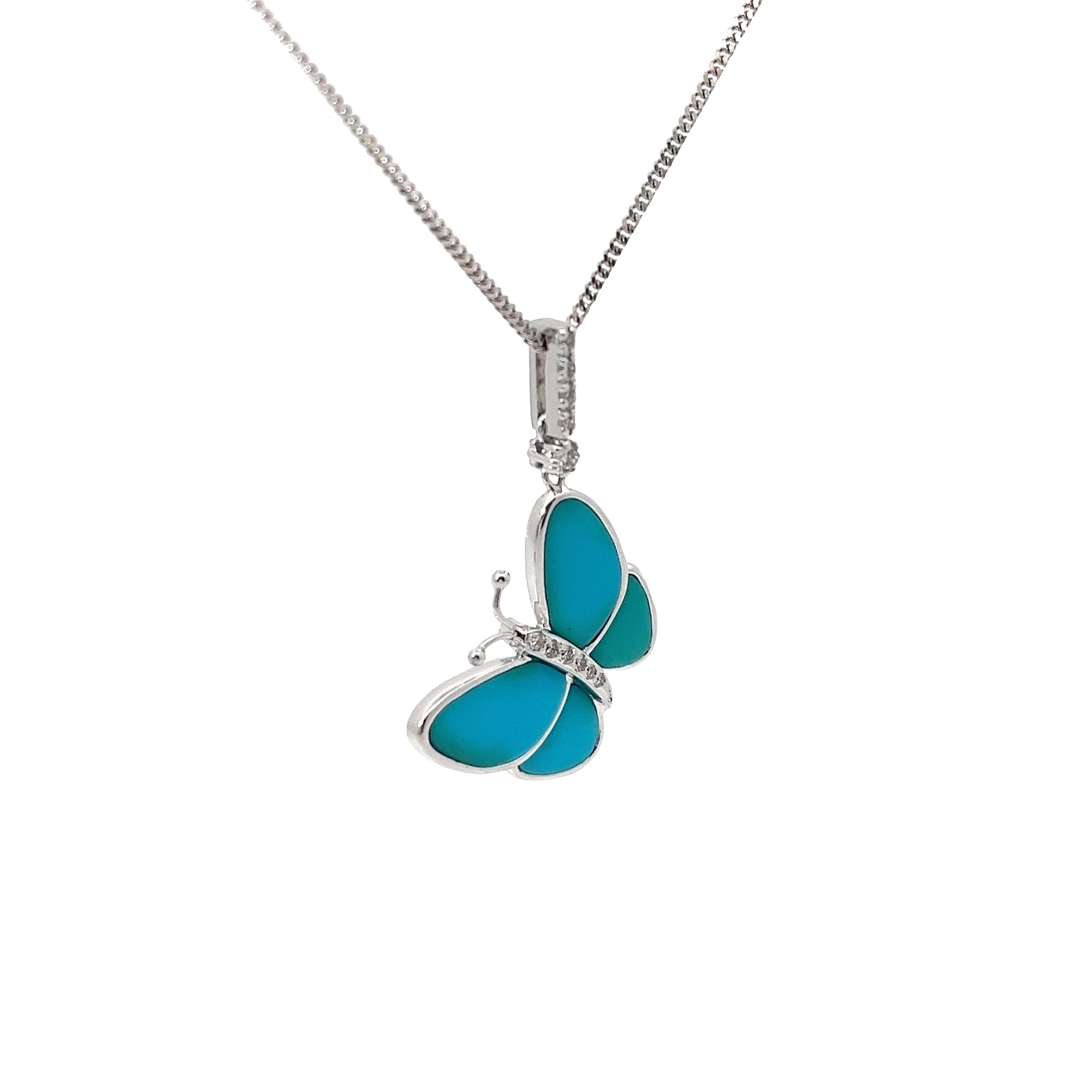 14k White Gold .15ct G VS2 Round Diamond and Turquoise Butterfly Pendant  6.3 Gram