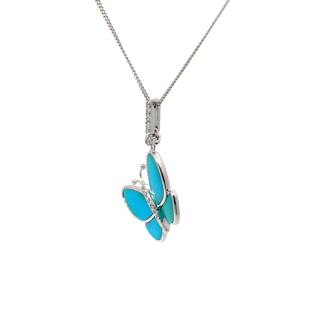 14k White Gold .15ct G VS2 Round Diamond and Turquoise Butterfly Pendant  6.3 Gram