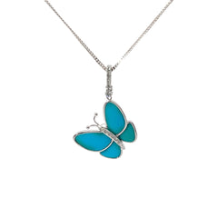 14K WHITE GOLD .15CT G VS2 ROUND DIAMOND AND TURQUOISE BUTTERFLY PENDANT 6.3 GRAMS