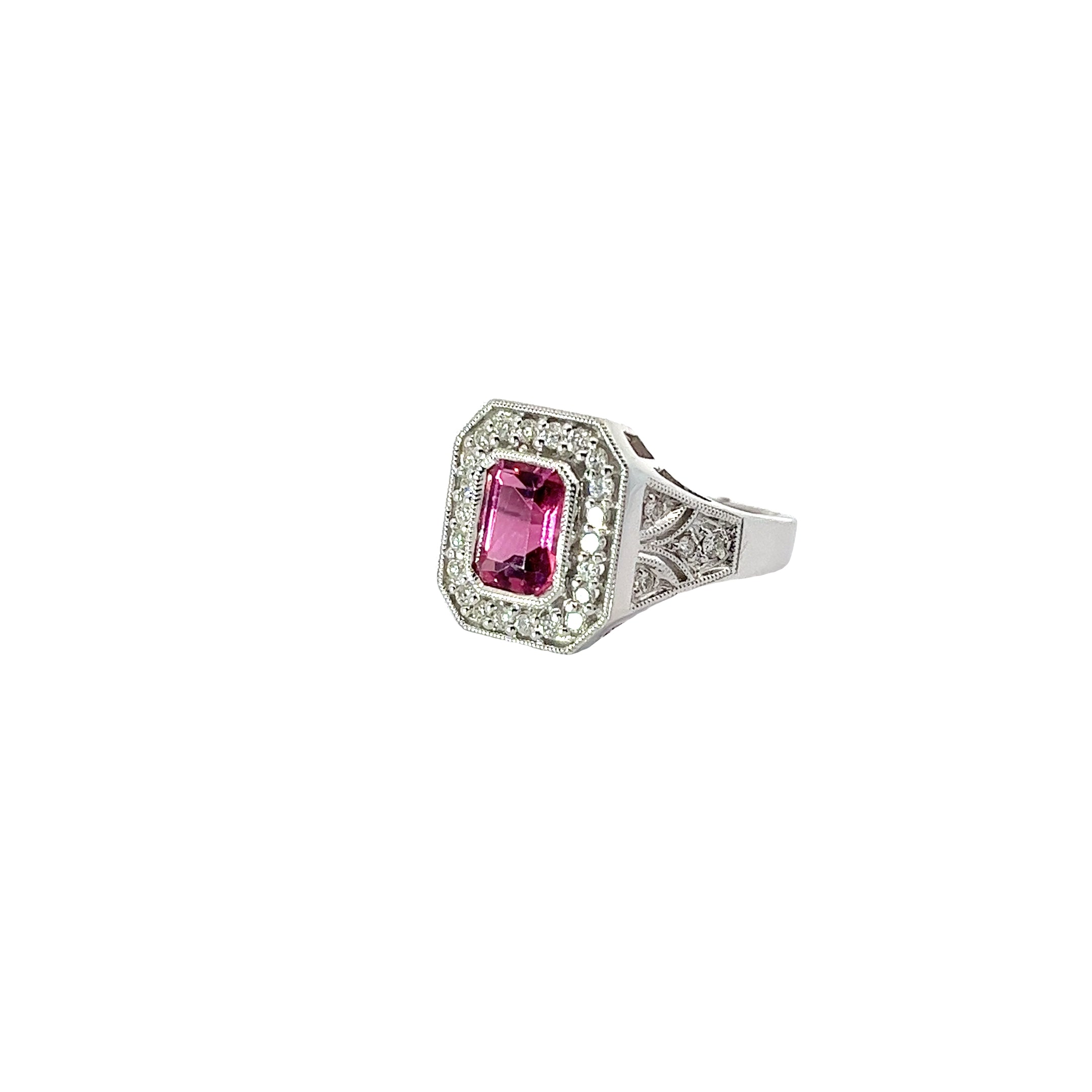 14k White Gold 1.35ct  Emerald Cut Pink Tourmaline and .35ct G VS2 Round Diamond Ring