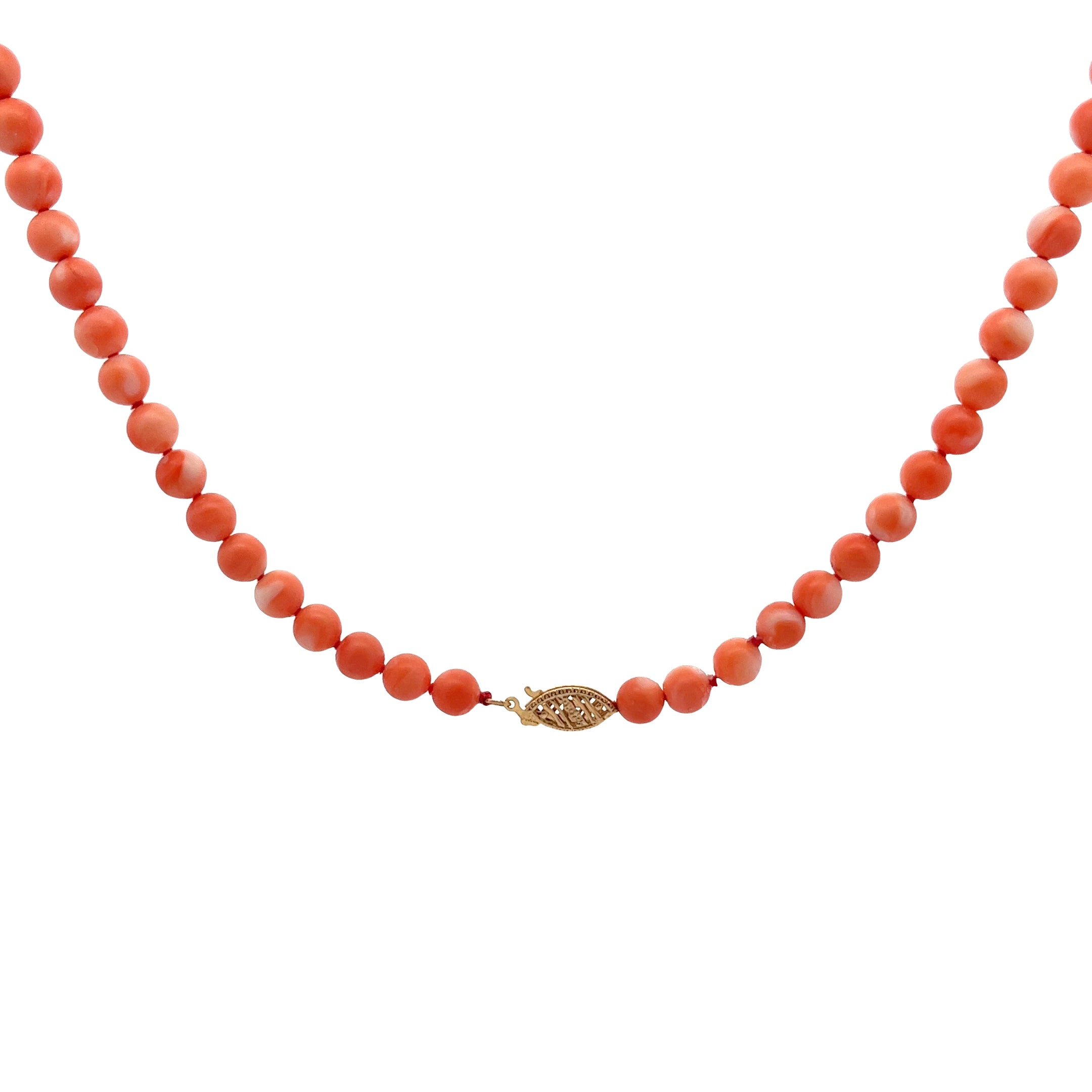 14k Yellow Gold Salmon and Pink Coral Beaded Necklace 5mm