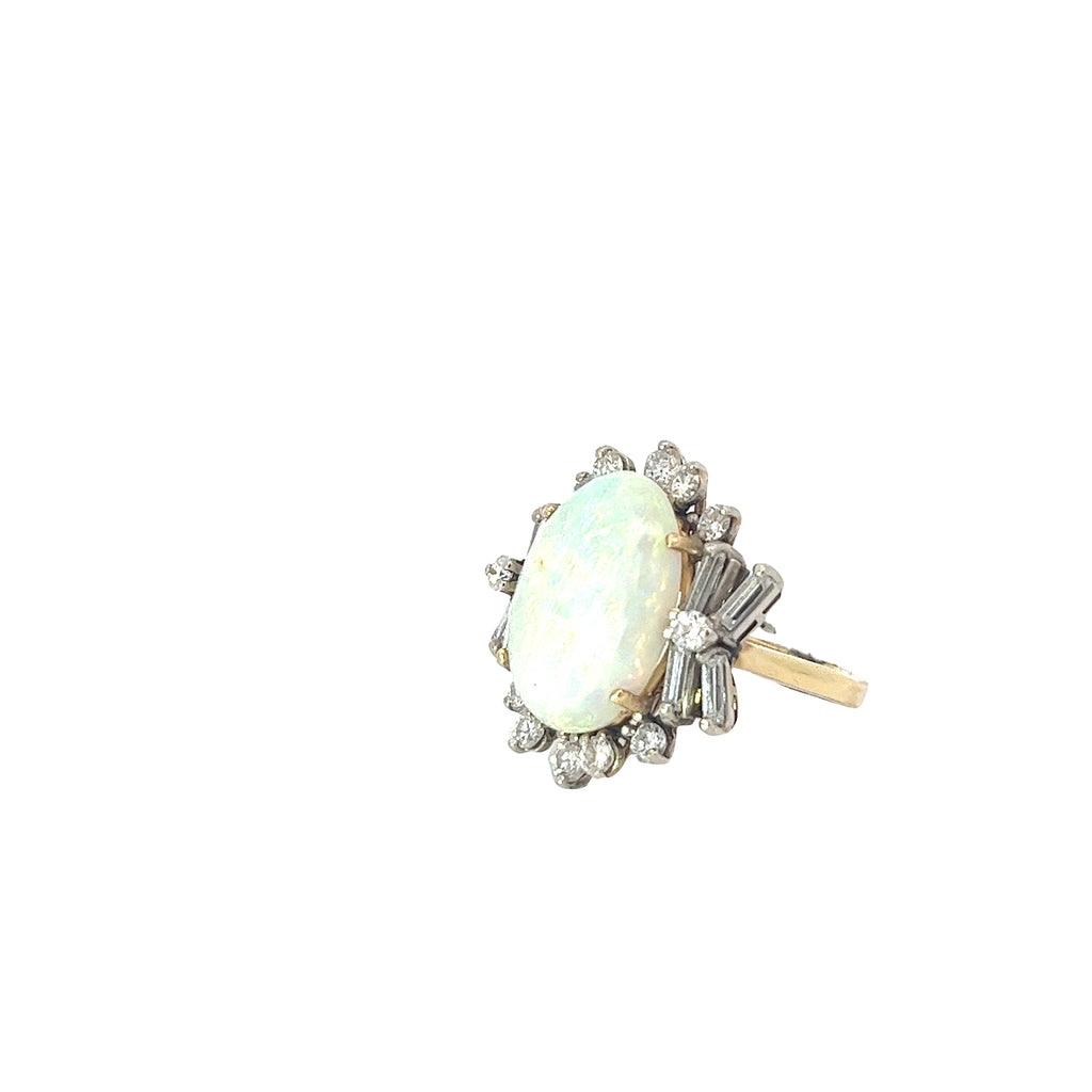 18k Two Toned 6.44ct Opal and 1.50ct F VS2 Round and Baguette Total Weight of Diamond Vintage Ring Size 5 1/4
