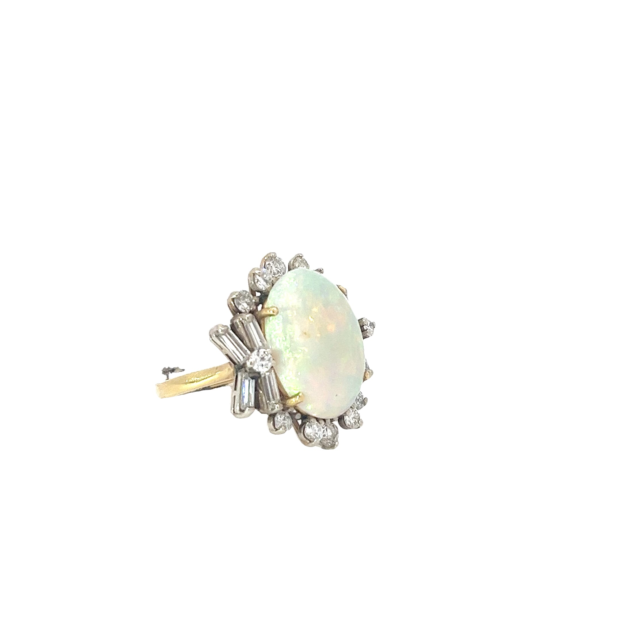 18k Two Toned 6.44ct Opal and 1.50ct F VS2 Round and Baguette Total Weight of Diamond Vintage Ring Size 5 1/4