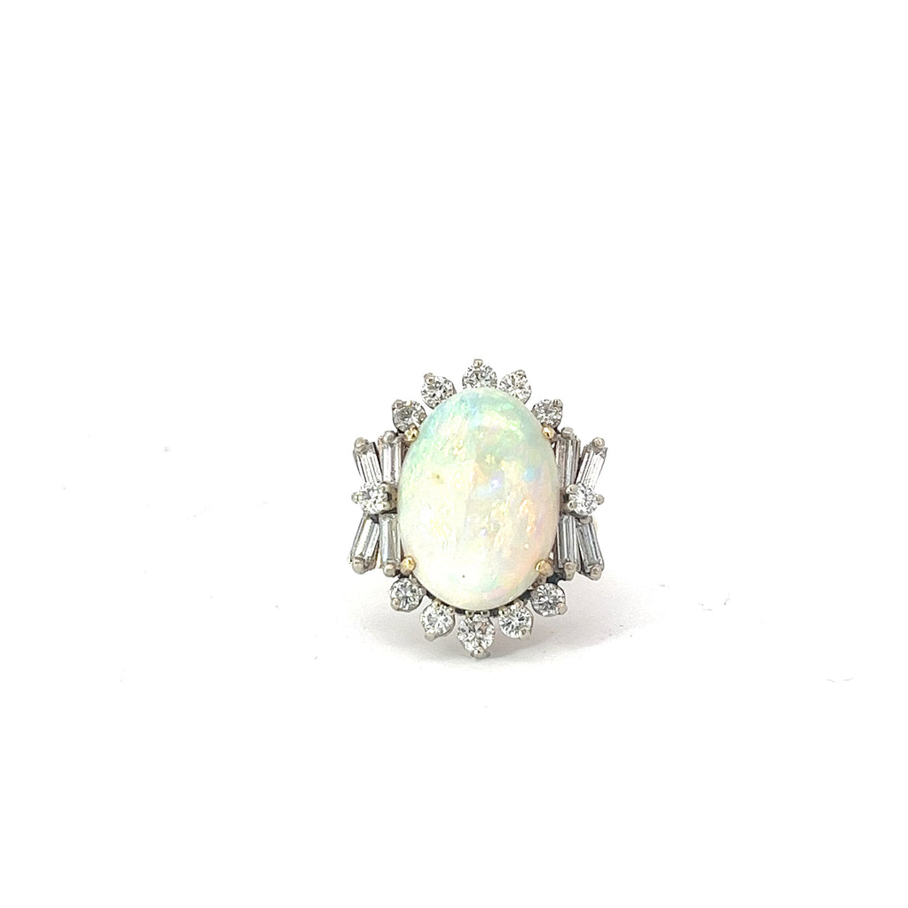 18k Two Toned 6.44ct Opal and 1.50ct F VS2 Round and Baguette Total Weight of Diamond Vintage Ring Size 5 1/4