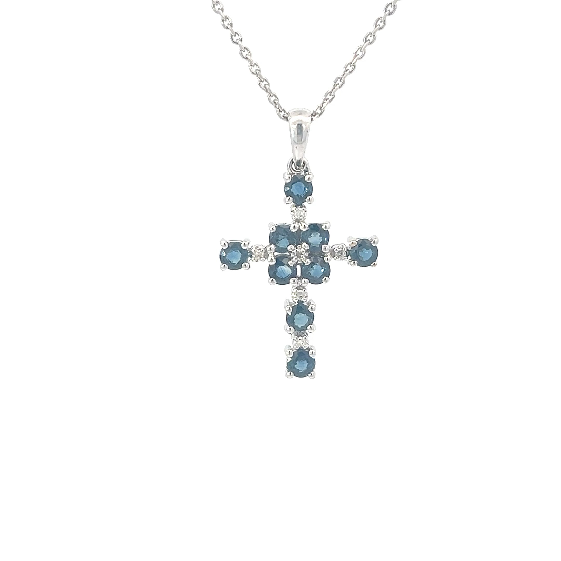 18k White Gold 1ct Blue Sapphire/ .05ct G SI1 Round Diamond Cross Pendant