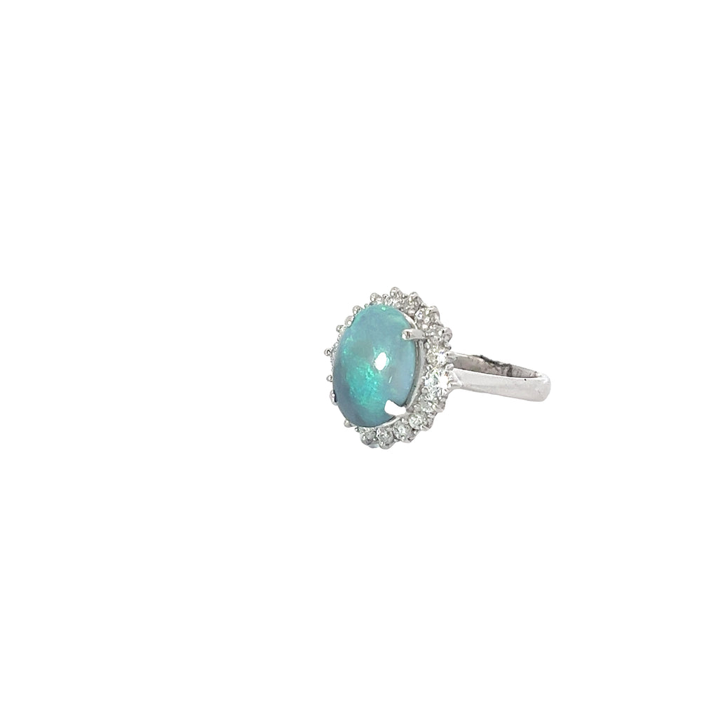 Platinum 2.38ct Australian Black Opal and Halo surround by .66ct F VS2 Round Diamond Ring