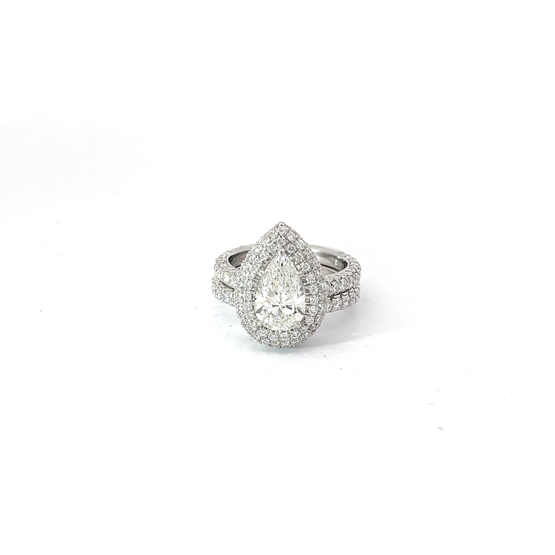 Platinum 1.53ct H VS2 Pear Shape Diamond/2.00ct E VS2 Micro Double Halo and Matching Wedding Bands Certified By GIA #6291807197