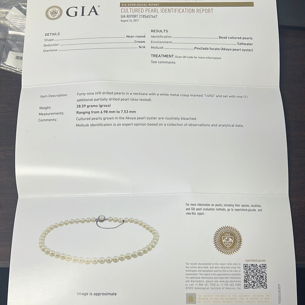 14k White Gold Akoya Saltwater Pearl Necklace Certified By GIA # 2185657467