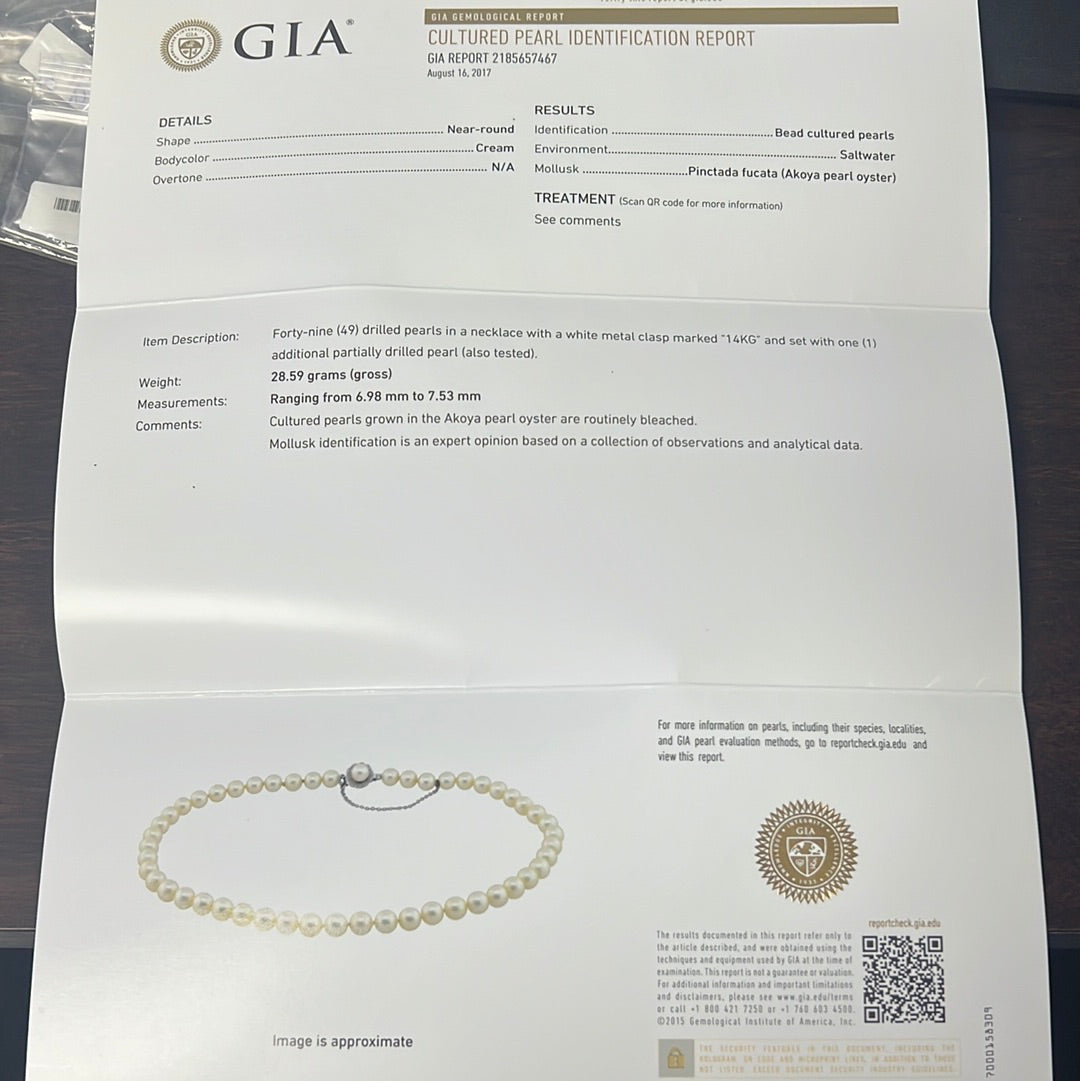 14k White Gold Akoya Saltwater Pearl Necklace Certified By GIA # 2185657467