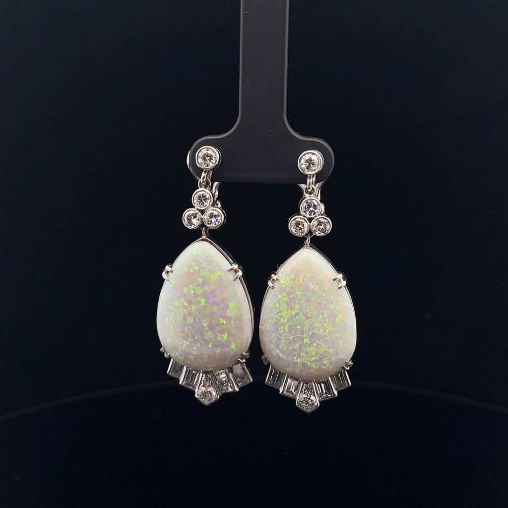 Platinum 20.00ct Pear Shape Opal and 2.00ct F VS2  Round and Baguette Shape Diamond Vintage Drop Earrings