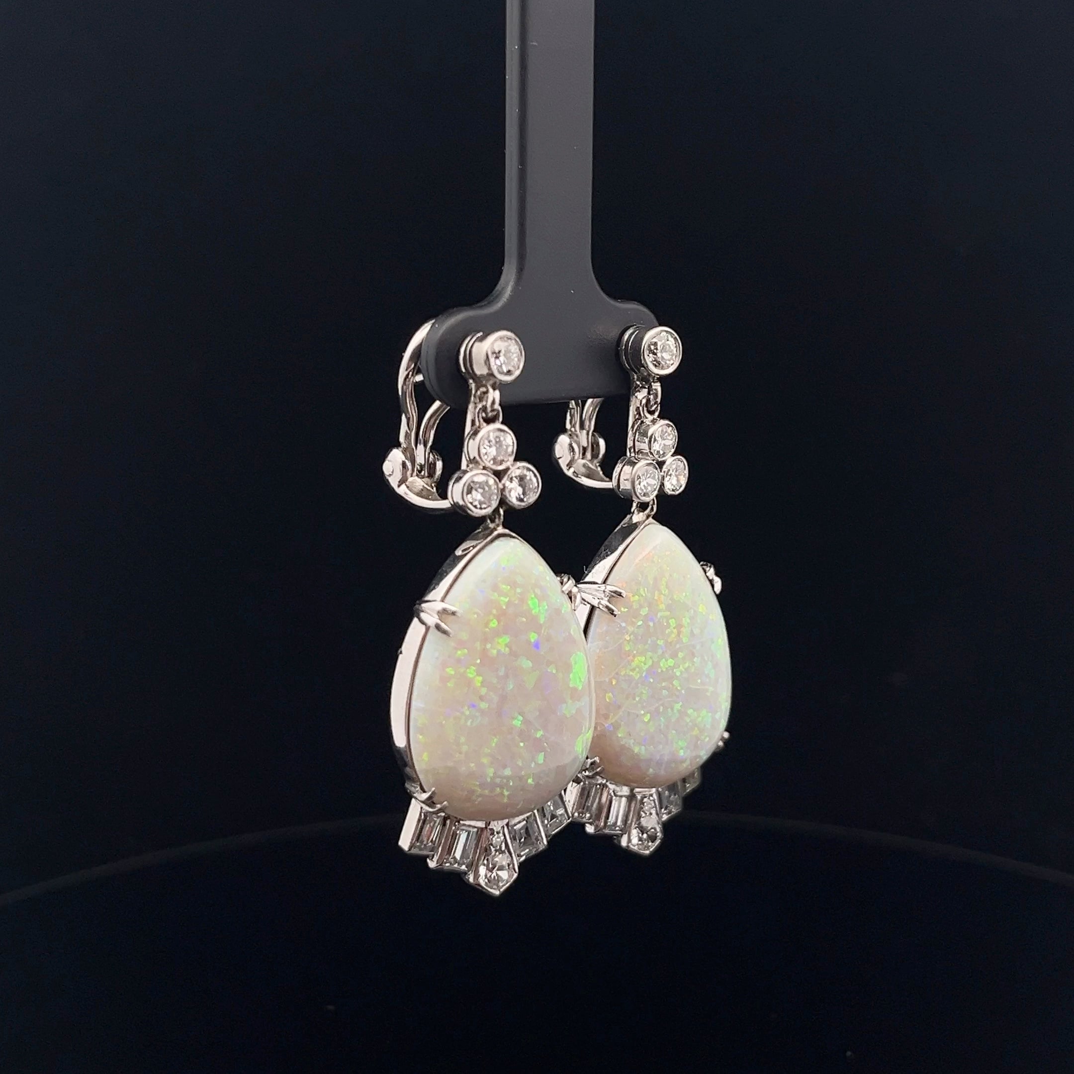 Platinum 20.00ct Pear Shape Opal and 2.00ct F VS2  Round and Baguette Shape Diamond Vintage Drop Earrings