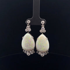Platinum 20.00ct Pear Shape Opal and 2.00ct F VS2  Round and Baguette Shape Diamond Vintage Drop Earrings