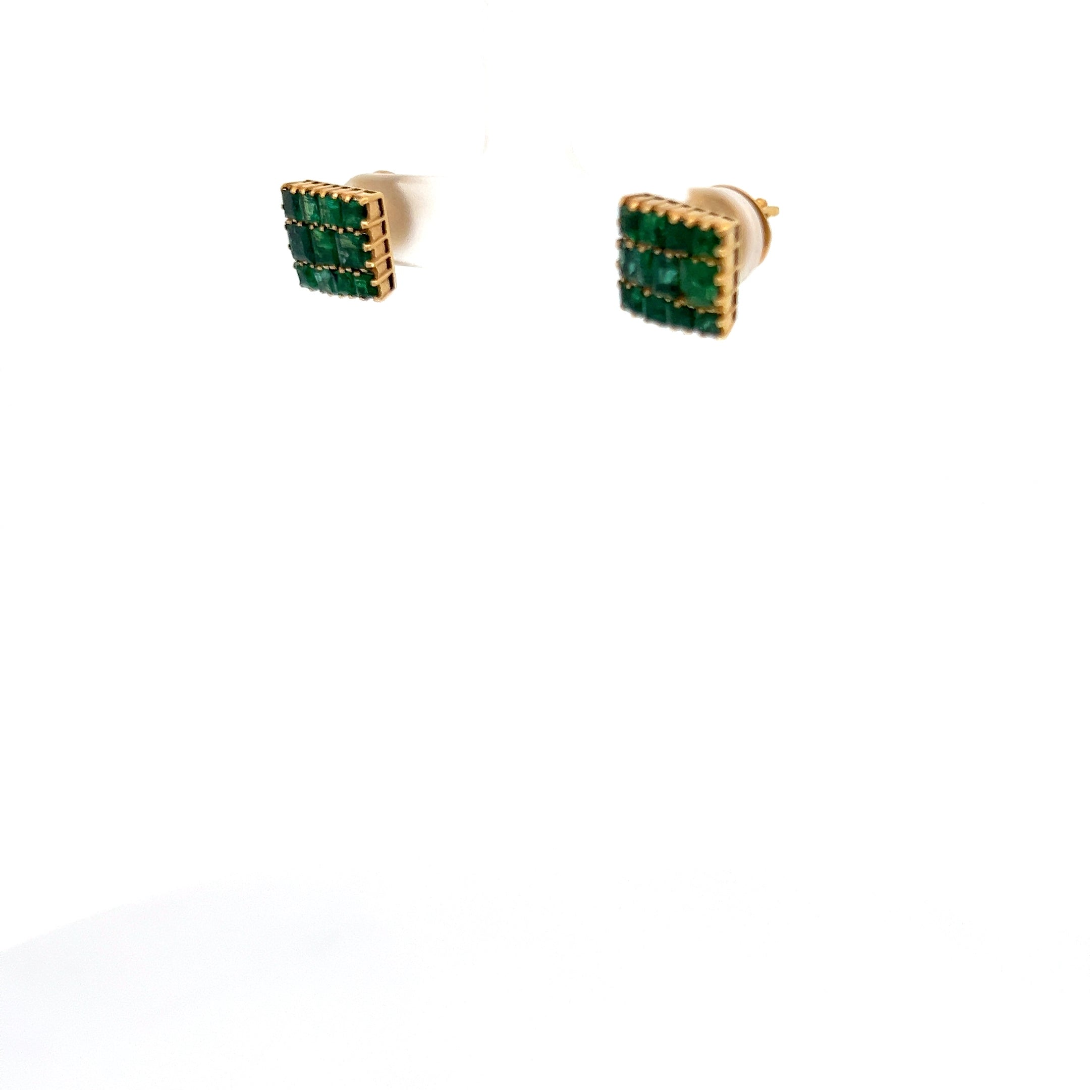 18k Yellow Gold 2.50ct Princess Cut 10x10mm Square Shared Prong Multi Emerald Stud Earrings