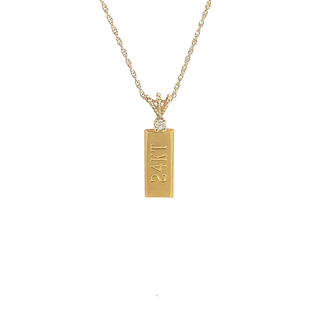14k Yellow Gold Chain / 24k Yellow Gold Solid Gold Bar with .05ct G SI1 Round Diamond Pendant