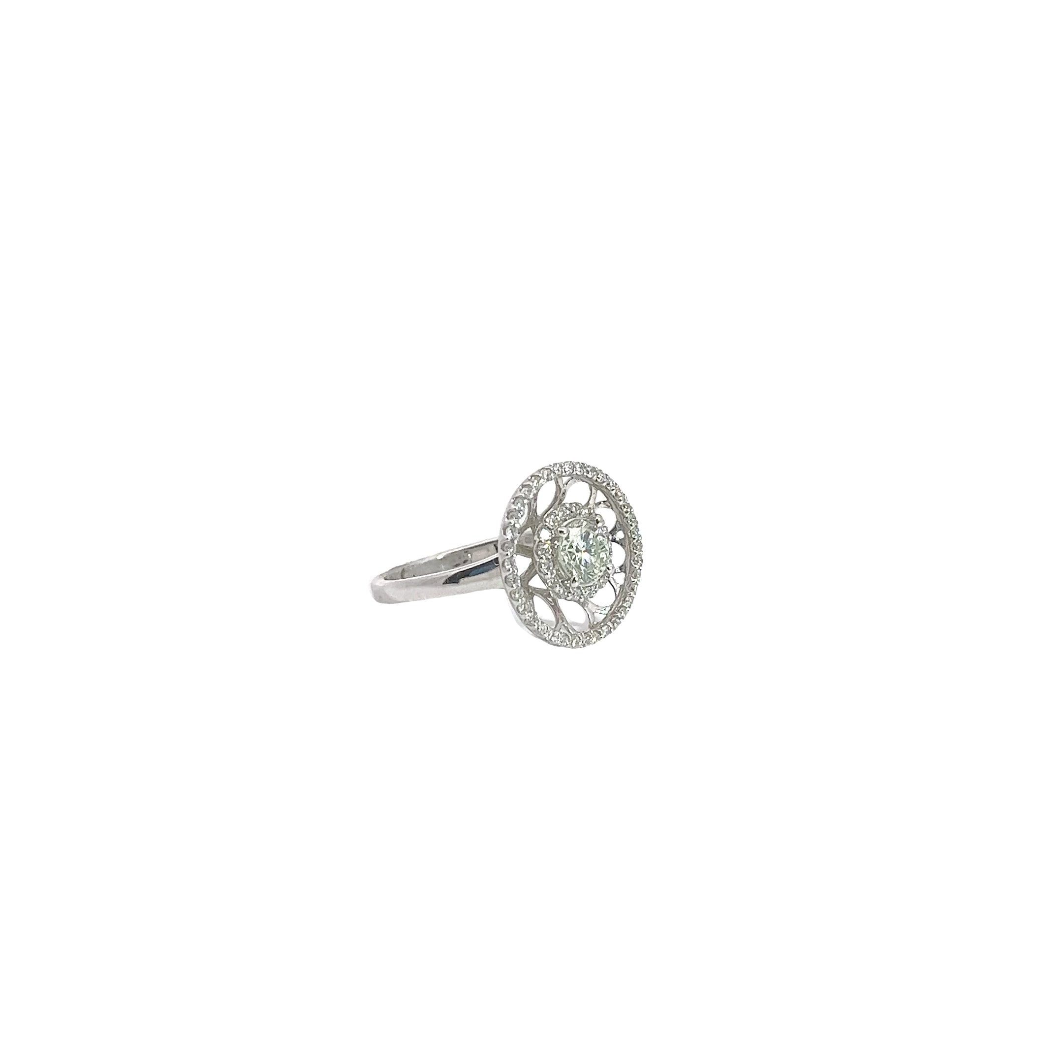 18k White Gold .62ct  Fancy Light Green Round Diamond and .45ct G VS2 Round Engagement Ring Certified by GIA # 2185045398