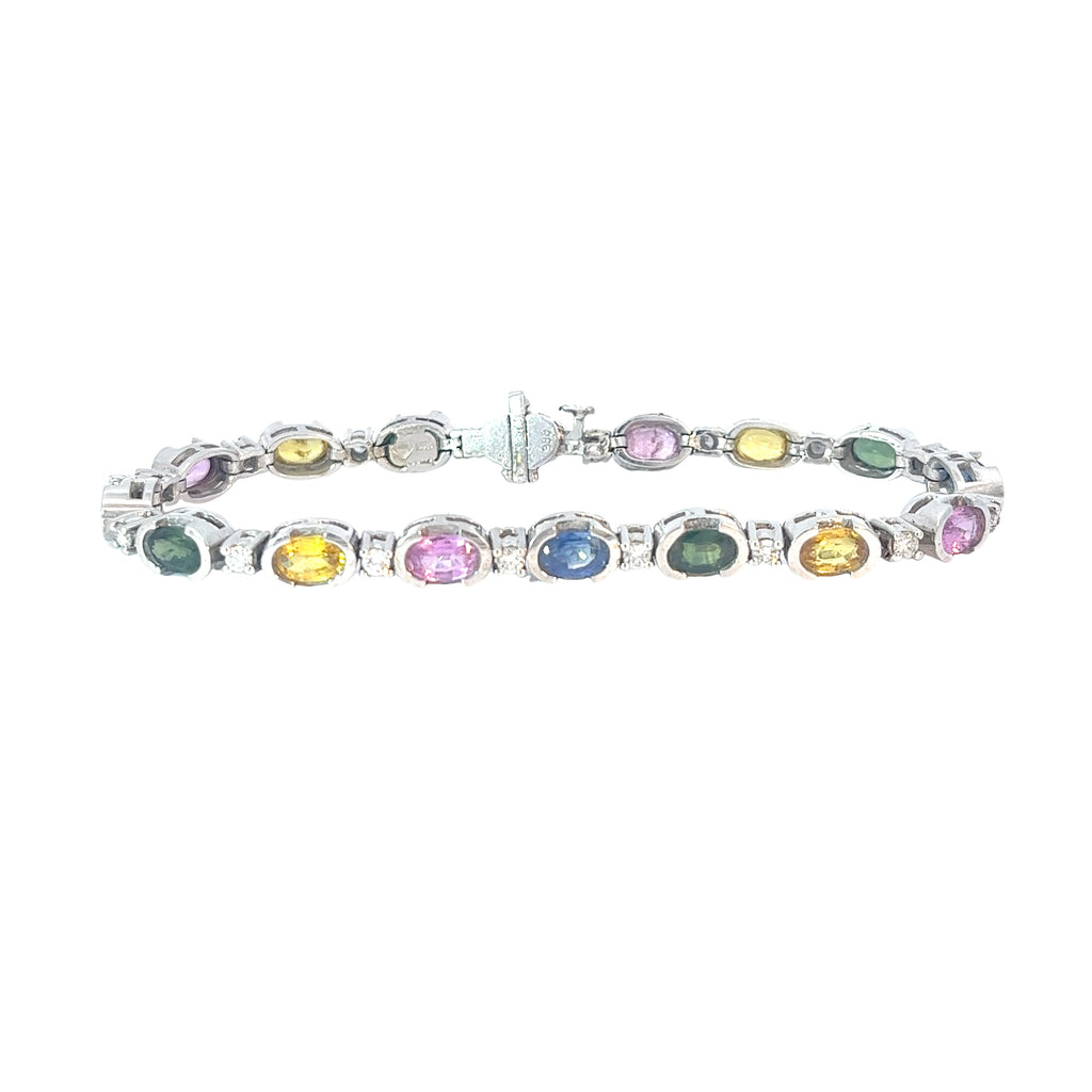 14k White Gold 8.00ct Oval Shape Multicolored Sapphire and 1.00ct G SI1 Round Diamond Bracelet