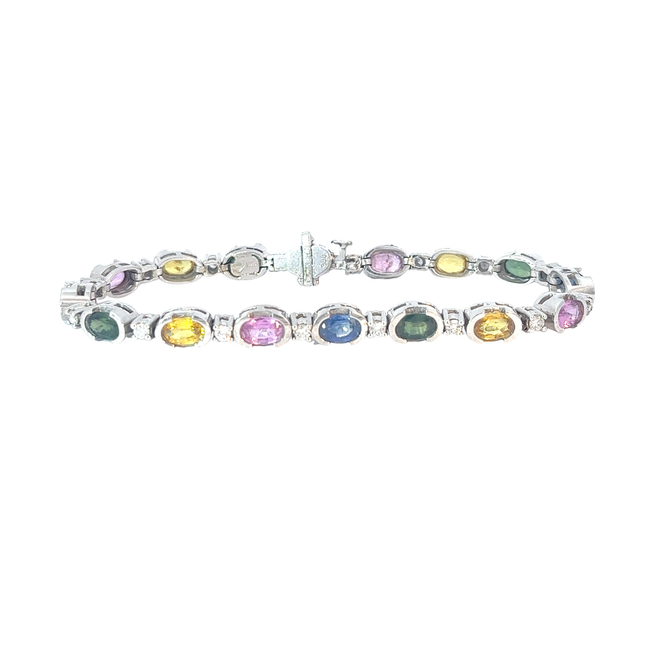 14k White Gold 8.00ct Oval Shape Multicolored Sapphire and 1.00ct G SI1 Round Diamond Bracelet