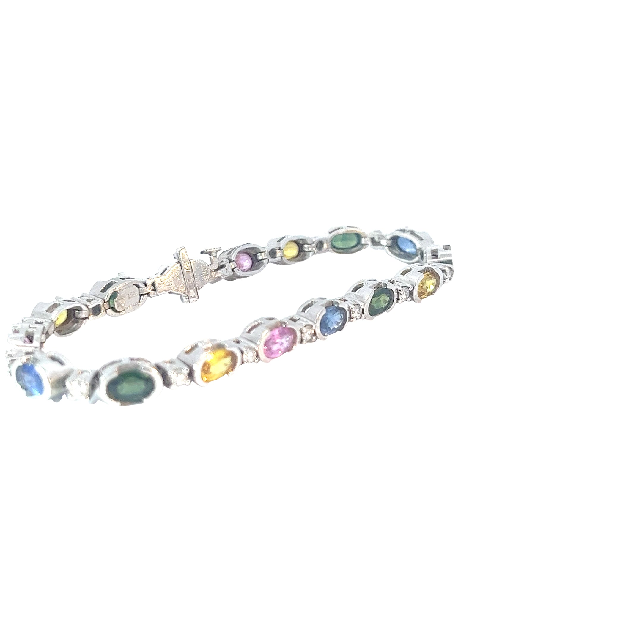 14k White Gold 8.00ct Oval Shape Multicolored Sapphire and 1.00ct G SI1 Round Diamond Bracelet