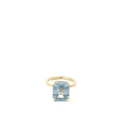 14k Yellow Gold 5.90ct Emerald Cut Aqua Marine / .15ct F VS2 Round Diamond Ring Size 6