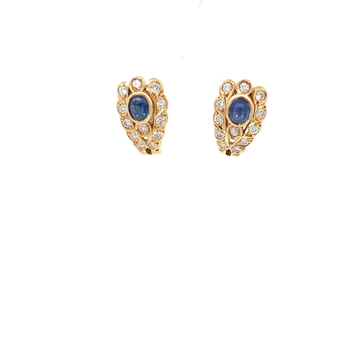 18k Yellow Gold .75ct Blue Cabochon Sapphire /.35ct F VS2 Round Diamond Earring 5.1 gram Vintage