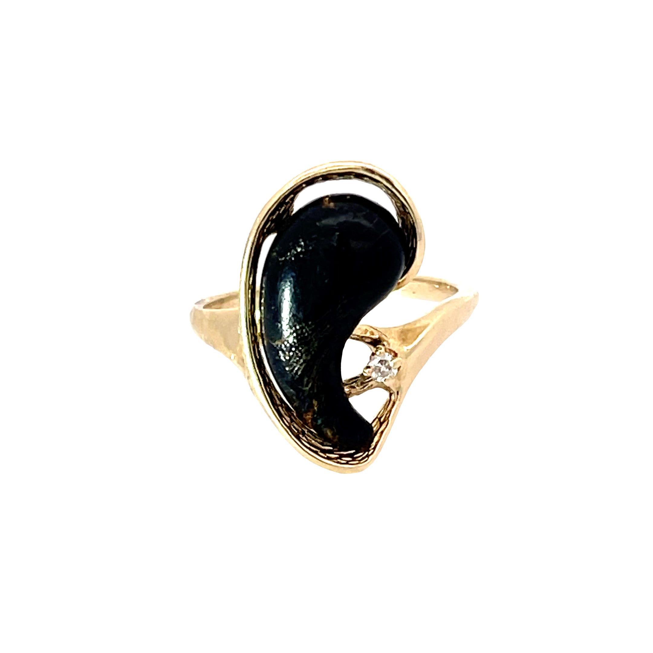 14k Yellow Gold Vintage Bean Shaped Fossilized Ring with .03ct G SI1 Round Diamond