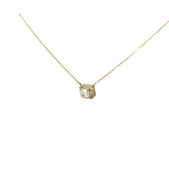 14k Yellow Gold .87ct H VS2 Emerald Cut Diamond and along a Halo .14ct H VS2 Round Diamond Solitaire Necklace