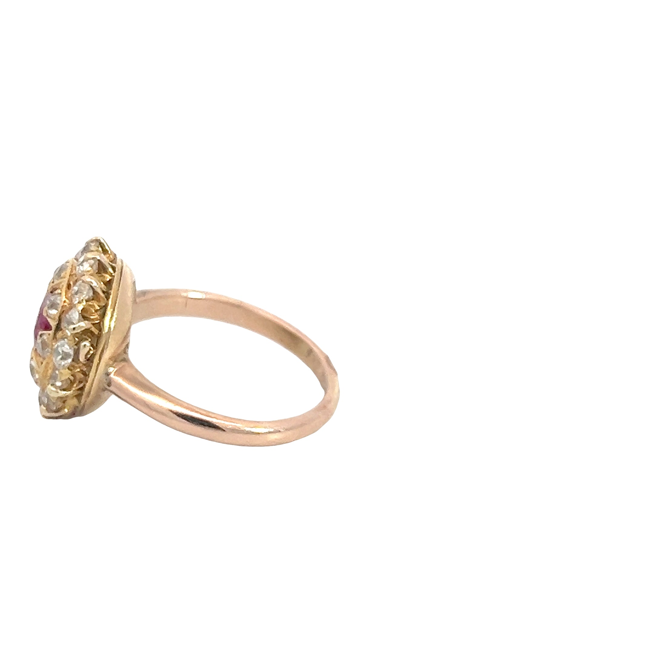 18k Rose Gold 1.00ct F VS2 Round Old Mine Diamond /.60ct Round Burma Ruby Vintage Ring