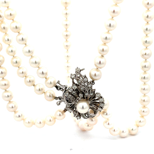 14k White Gold 1.00ct G VS2 Round Diamond Triple Strand Fresh Water Pearls with Diamond Clasp