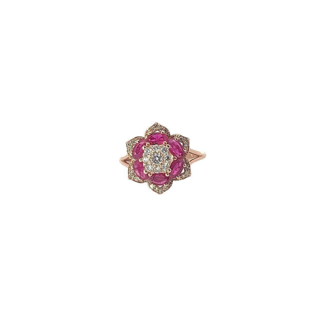 14k Rose Gold 1.00ct Oval Ruby /.45ct G VS2 Round Diamond Flower Ring