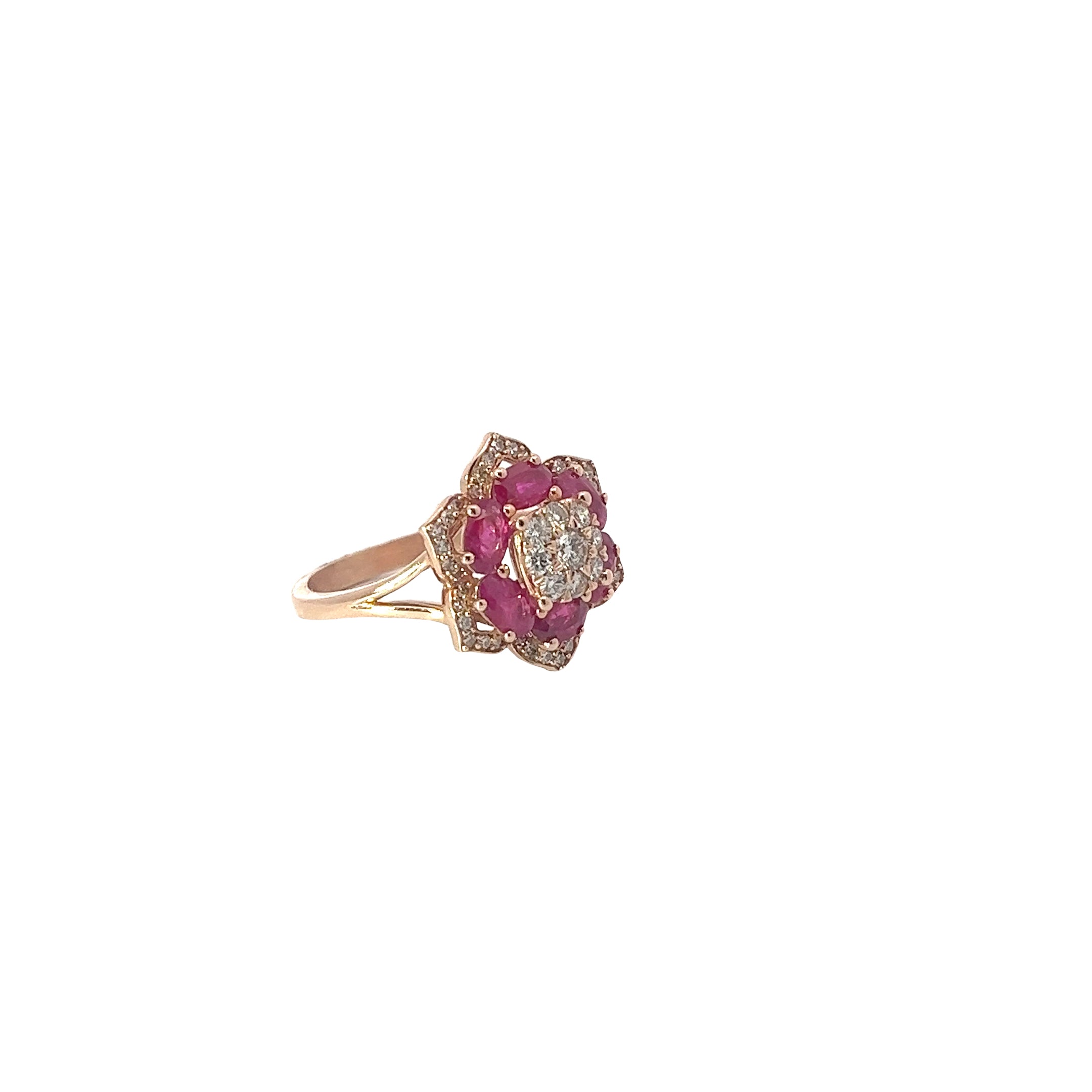 14k Rose Gold 1.00ct Oval Ruby /.45ct G VS2 Round Diamond Flower Ring