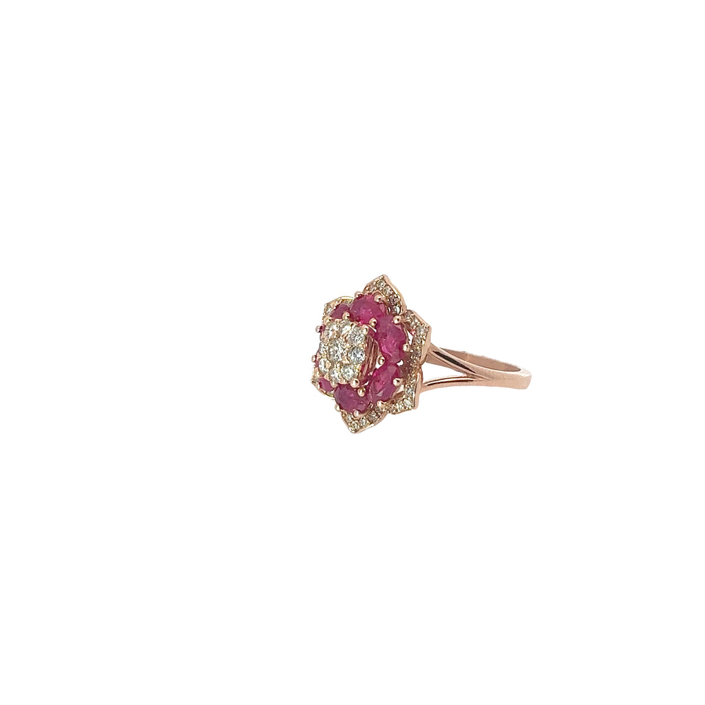 14k Rose Gold 1.00ct Oval Ruby /.45ct G VS2 Round Diamond Flower Ring