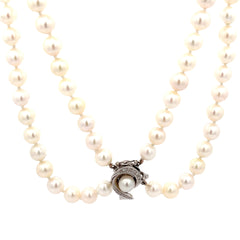 14k White Gold .10ct G SI1 Round Diamond Double Fresh Water White Pearl 8mm Strand Necklace