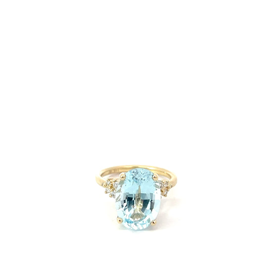 14k Yellow Gold 5.90ct Oval AA Aqua Marine/ .22ct G VS1 Round Diamond Ring