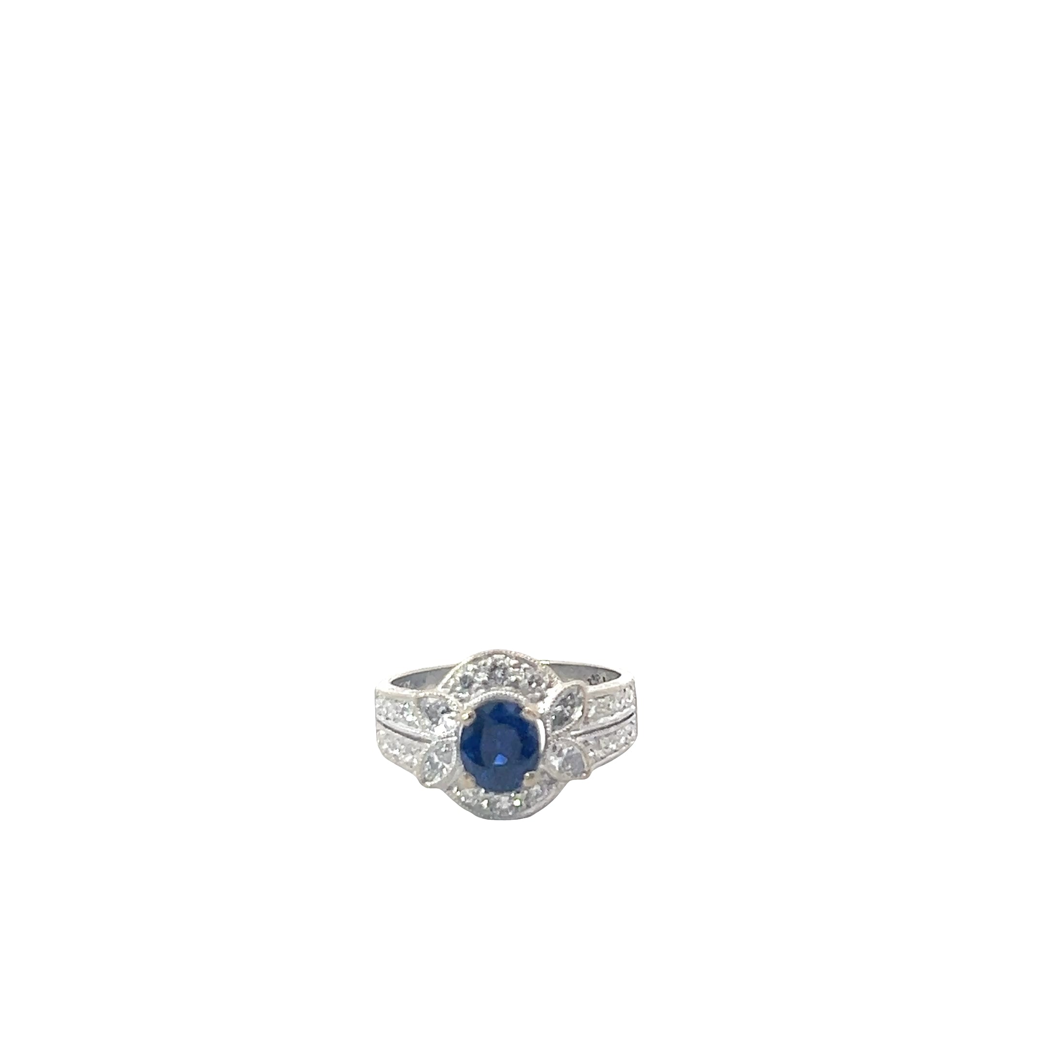 18k White Gold 1.08ct Round Blue Sapphire/ .65ct G VS1 Round and Marquise Diamond Ring
