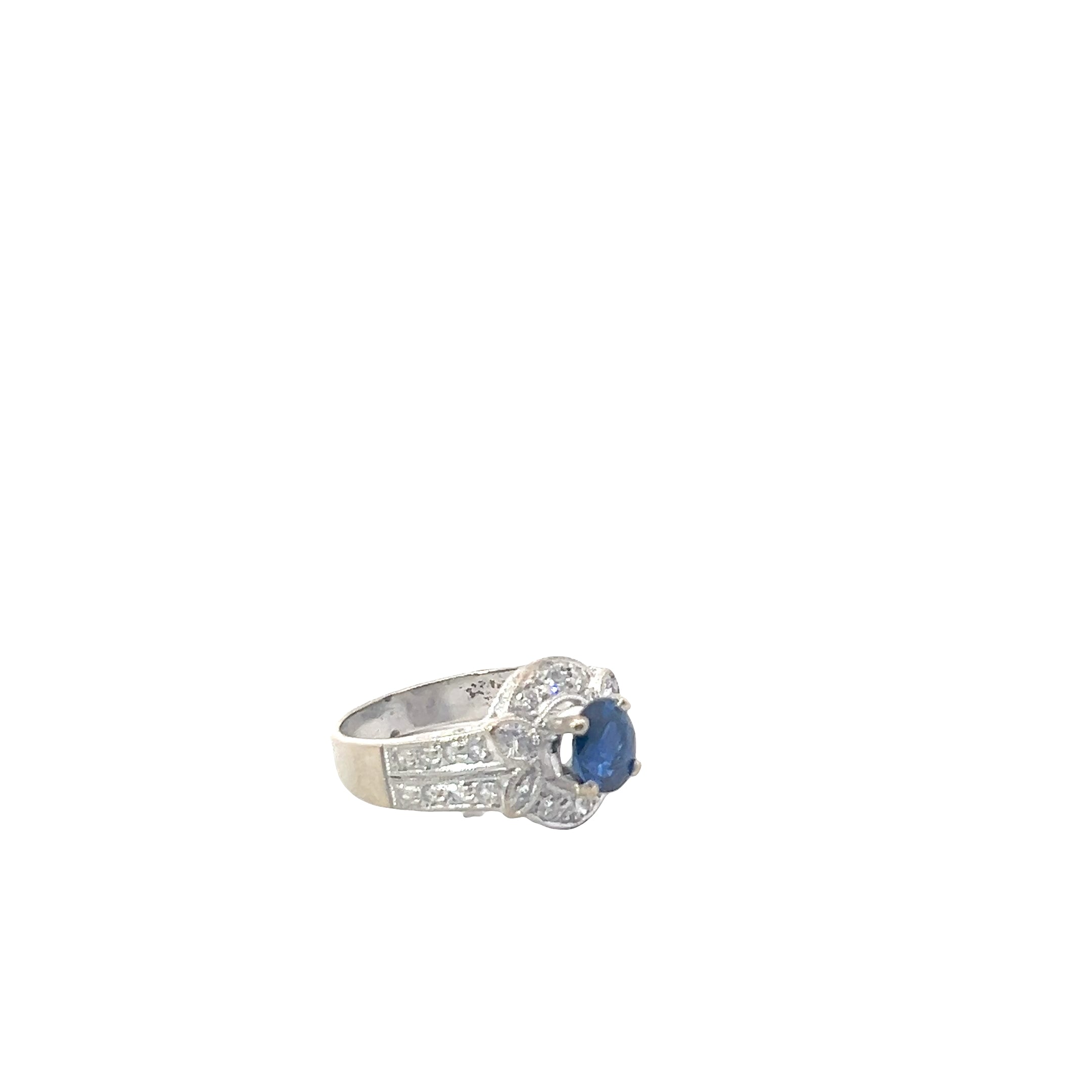 18k White Gold 1.08ct Round Blue Sapphire/ .65ct G VS1 Round and Marquise Diamond Ring