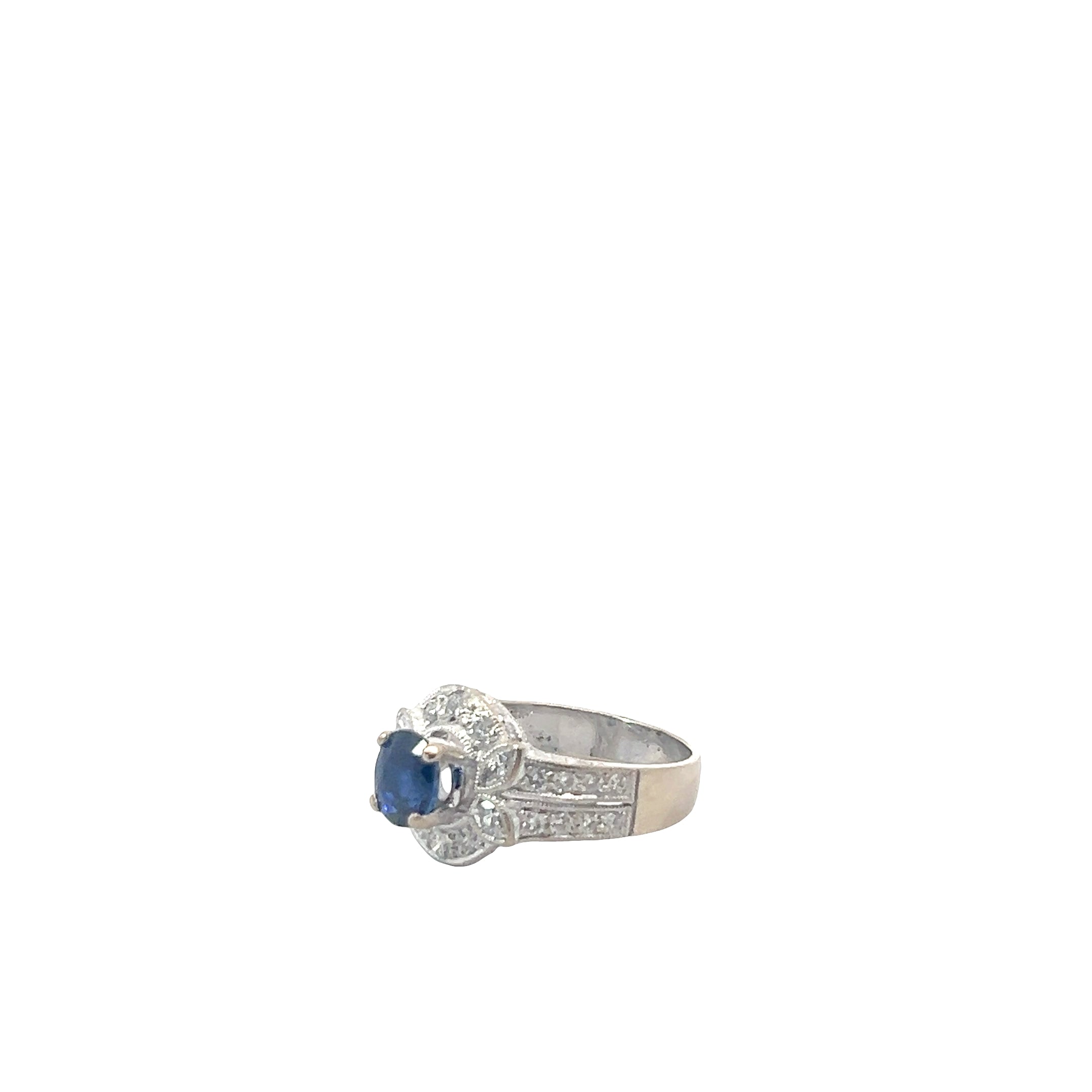 18k White Gold 1.08ct Round Blue Sapphire/ .65ct G VS1 Round and Marquise Diamond Ring