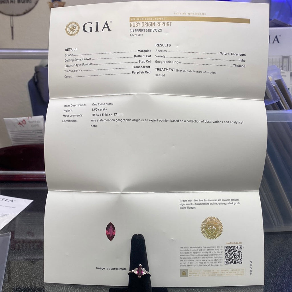 14k White Gold 1.90ct Marquise Shaped Center Ruby and .50ct  F VS2 Trillion Diamond Ring Certified by GIA# 5181593221