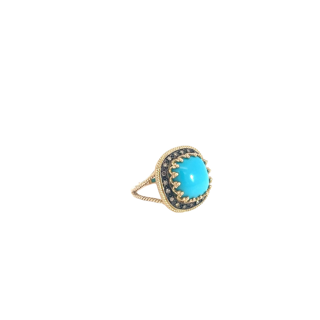 14k Yellow Gold Vintage 1.00ct Round Chocolate Diamond and Turquoise Ring