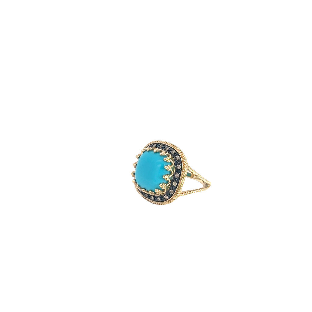 14k Yellow Gold Vintage 1.00ct Round Chocolate Diamond and Turquoise Ring