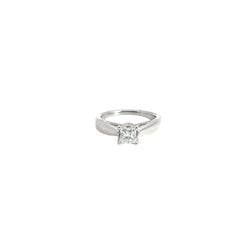 14k white gold 1.00ct G SI1 Princess Cut Diamond and .15ct G SI1 Round diamond under basket mounting engagement ring