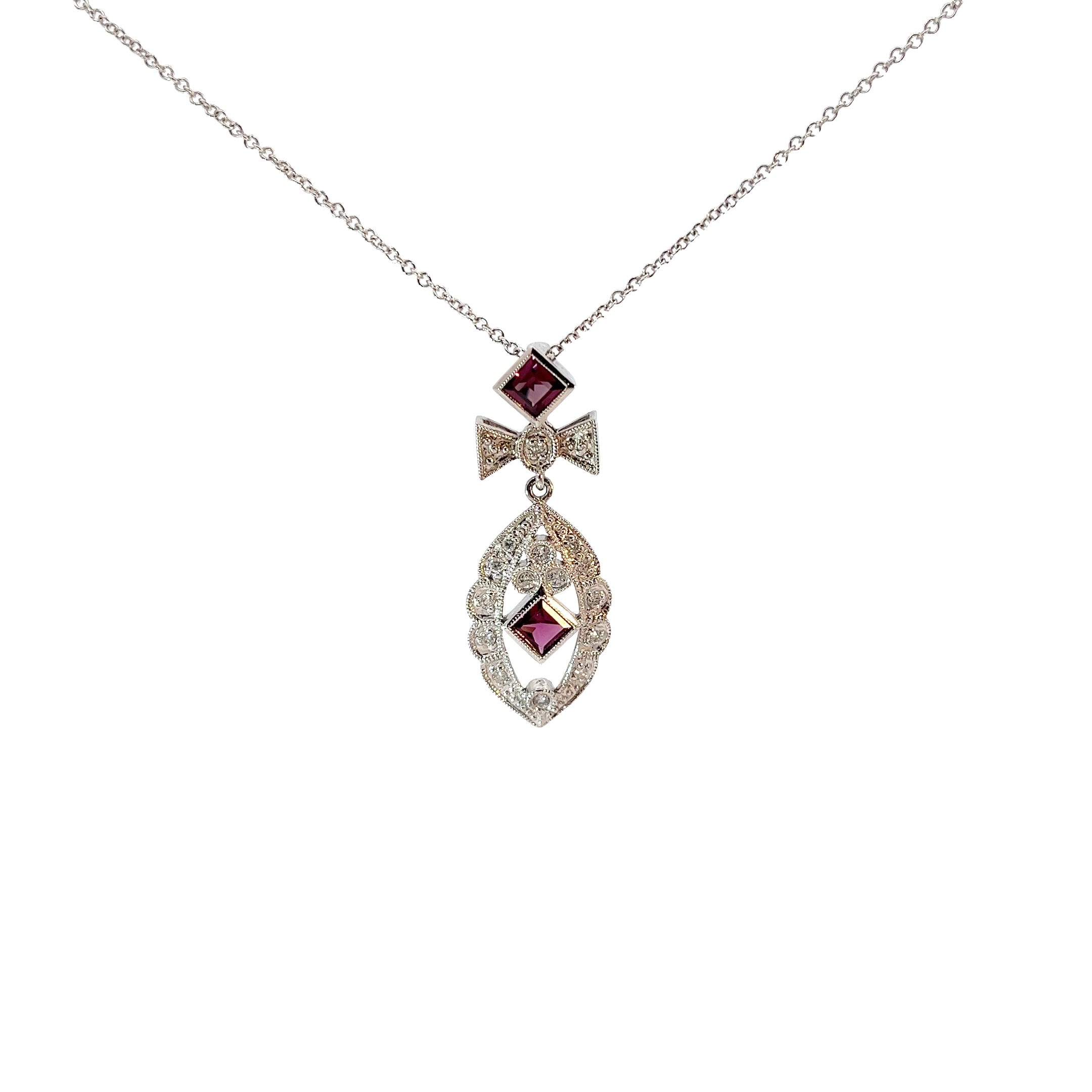14k White Gold .35ct G VS2 Round Diamond and Princess Cut Garnet necklace