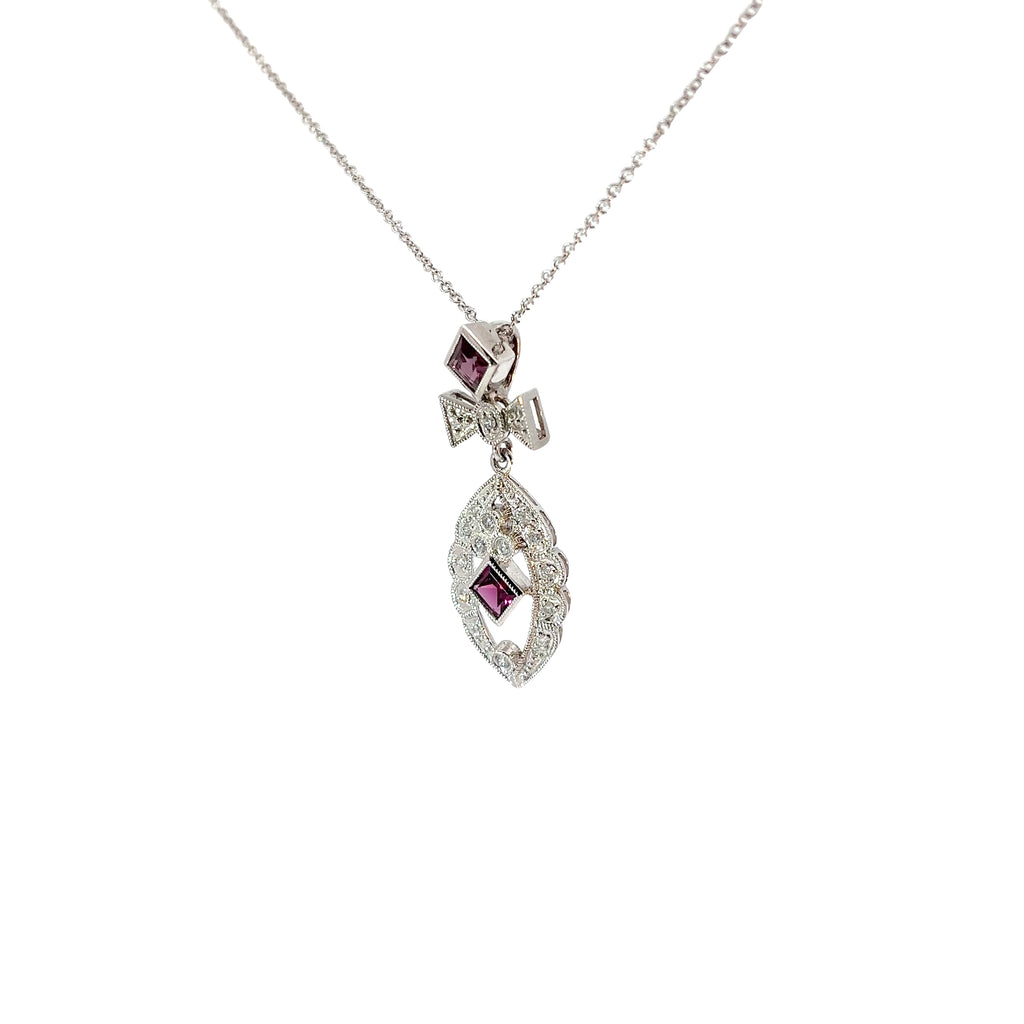 14k White Gold .35ct G VS2 Round Diamond and Princess Cut Garnet necklace