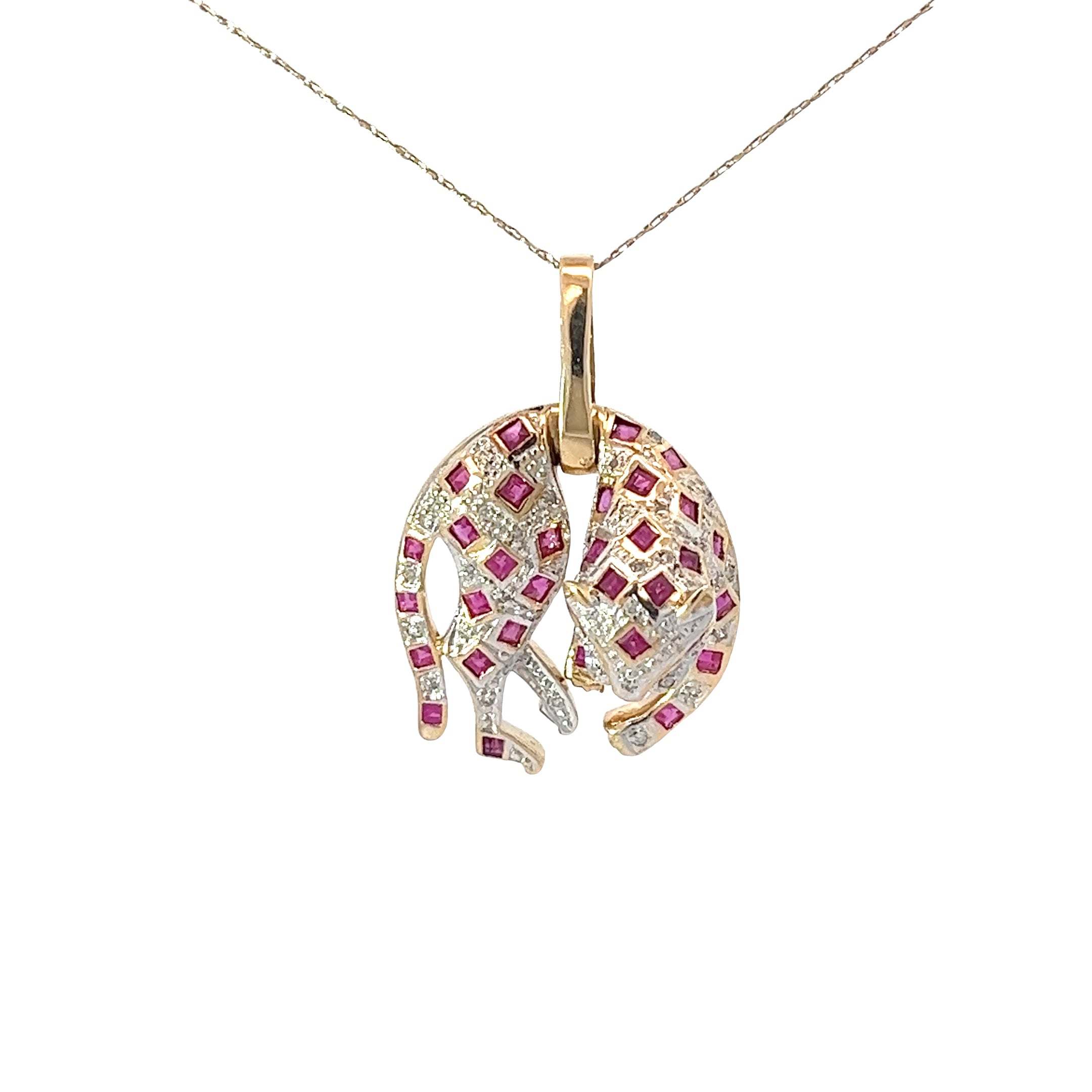 14k Yellow Gold .75ct Princess Cut Ruby and .25ct G SI1 Round Diamond Panther Necklace 6.7 gram