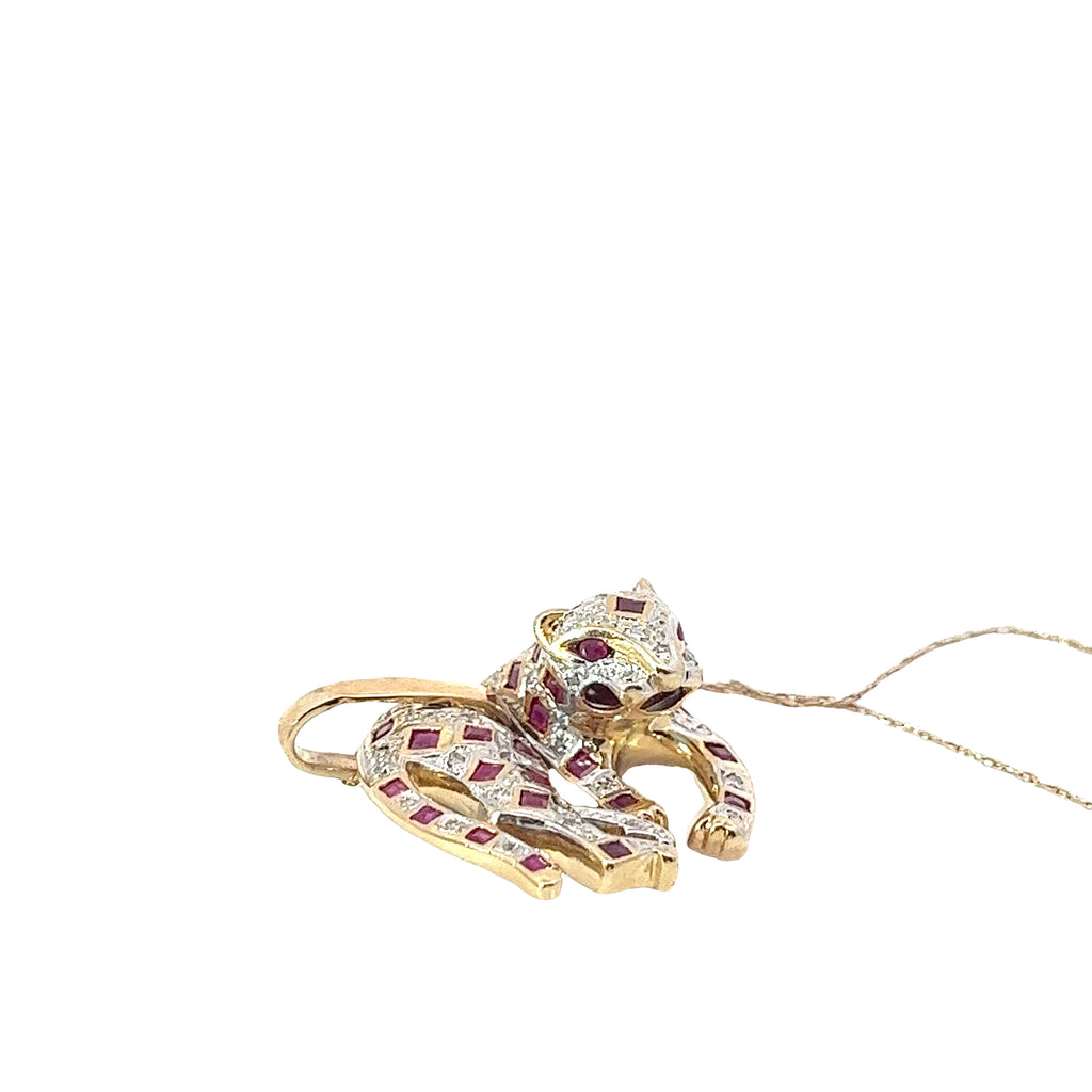 14k Yellow Gold .75ct Princess Cut Ruby and .25ct G SI1 Round Diamond Panther Necklace 6.7 gram