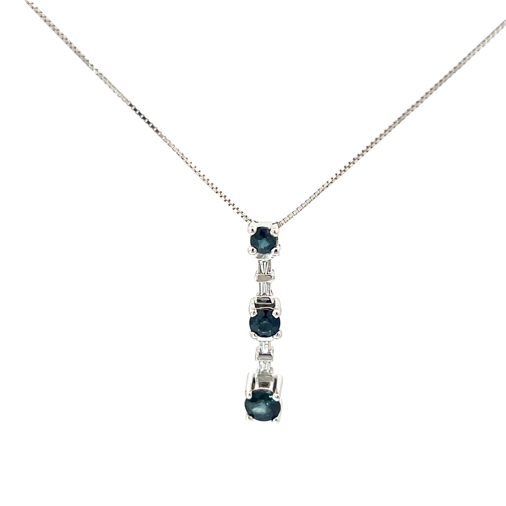 14k White Gold 1ct Total Weight of  Round Blue Sapphire and Baguette Diamond Past Present Future Pendant