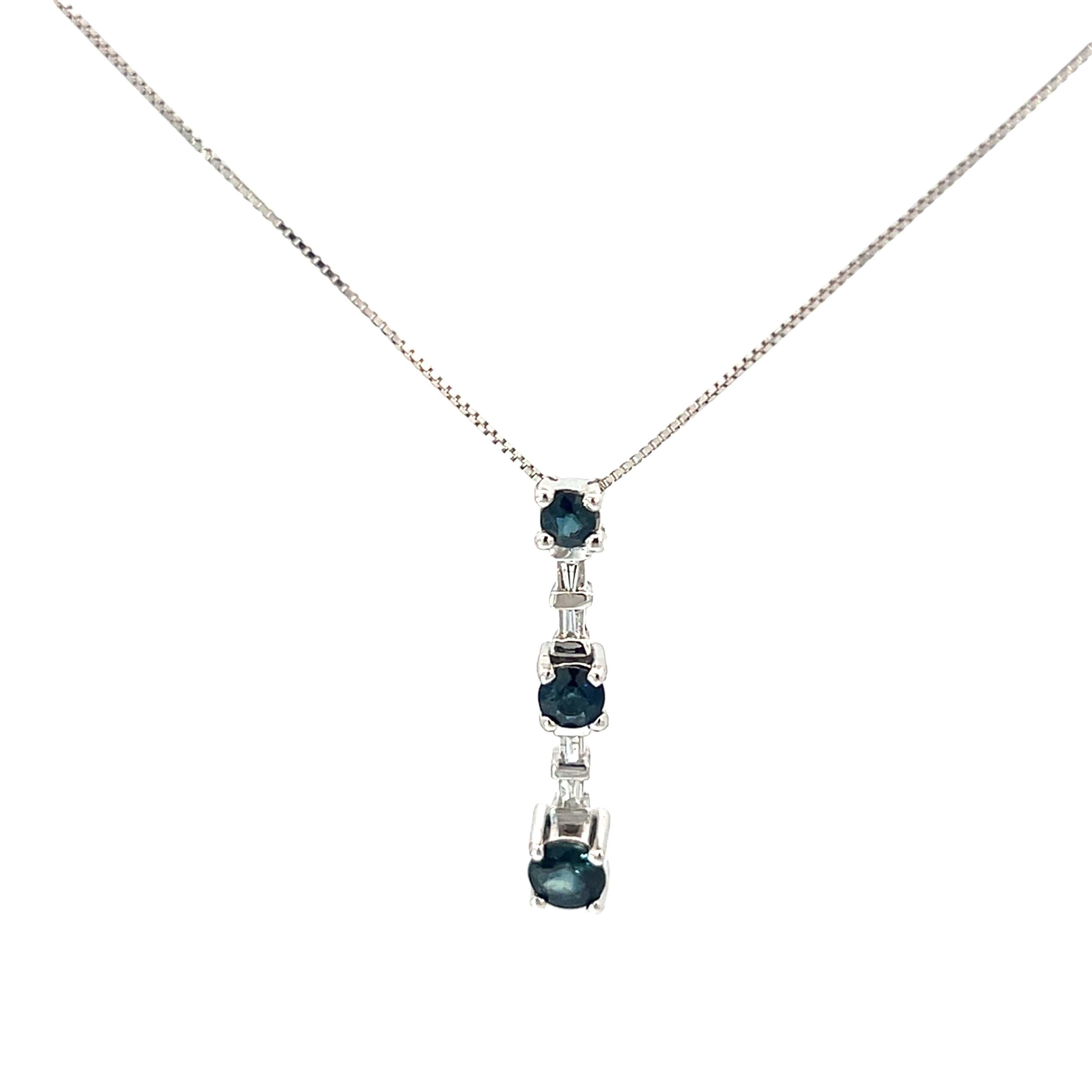 14k White Gold 1ct Total Weight of  Round Blue Sapphire and Baguette Diamond Past Present Future Pendant