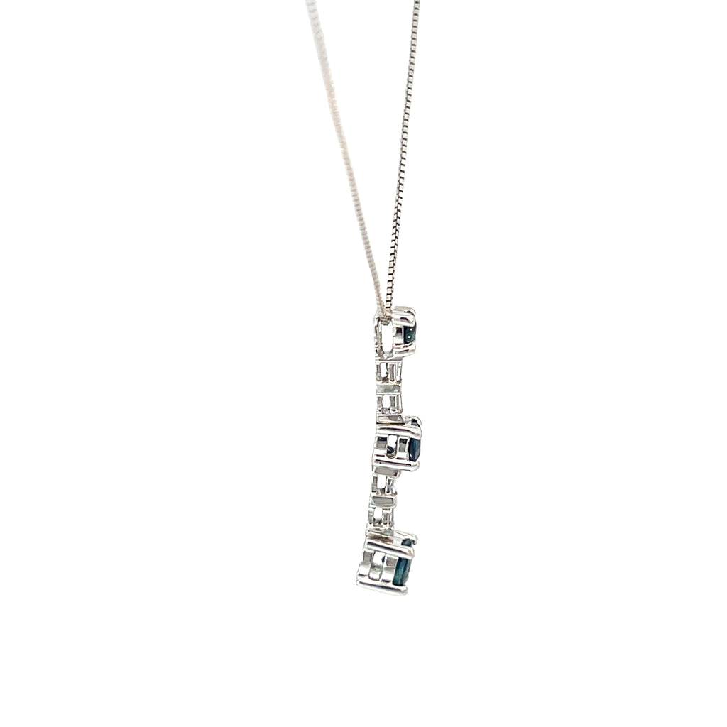 14k White Gold 1ct Total Weight of  Round Blue Sapphire and Baguette Diamond Past Present Future Pendant