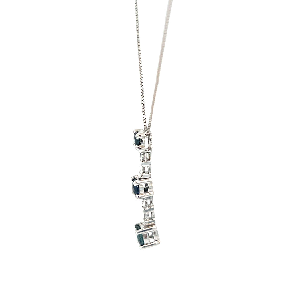 14k White Gold 1ct Total Weight of  Round Blue Sapphire and Baguette Diamond Past Present Future Pendant
