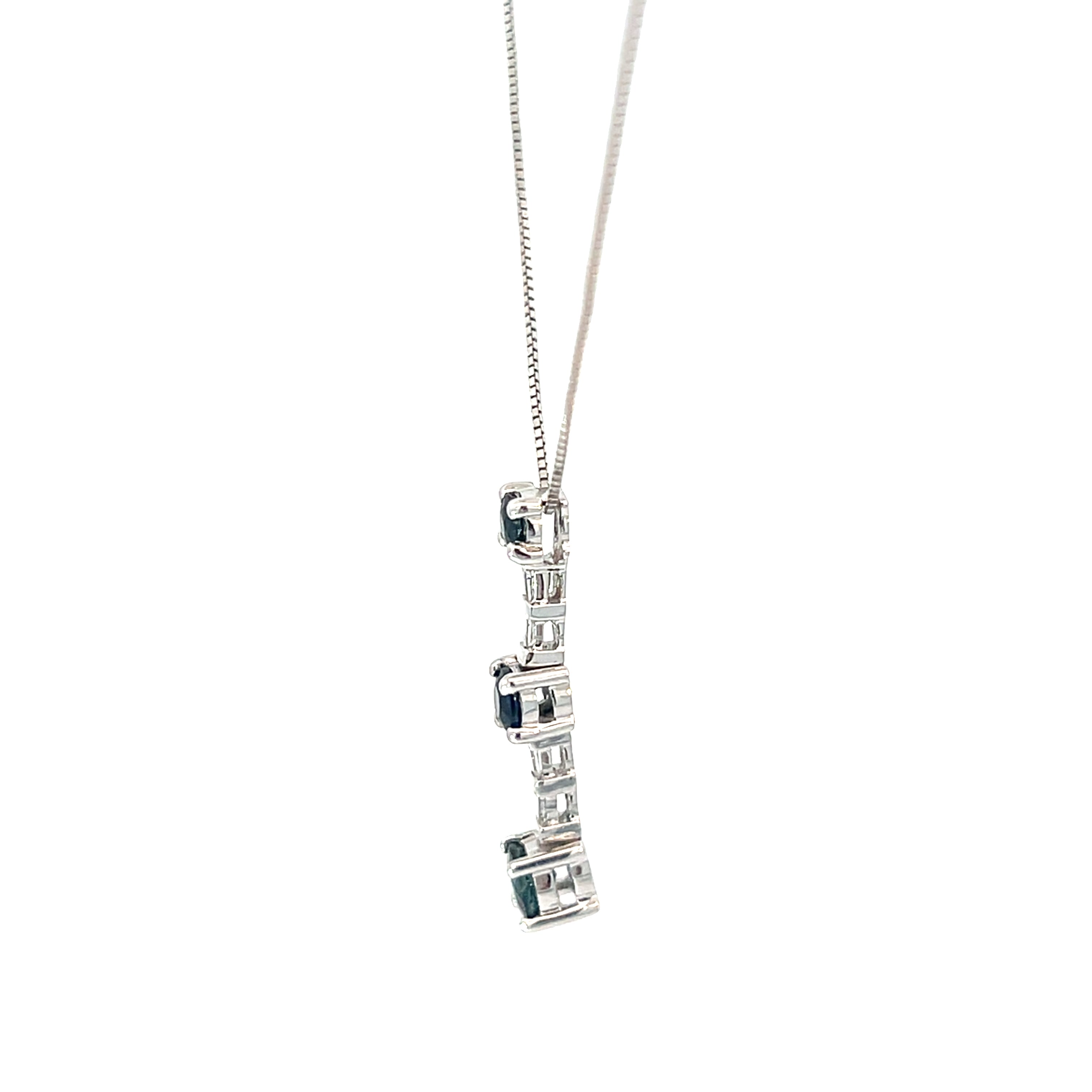 14k White Gold 1ct Total Weight of  Round Blue Sapphire and Baguette Diamond Past Present Future Pendant
